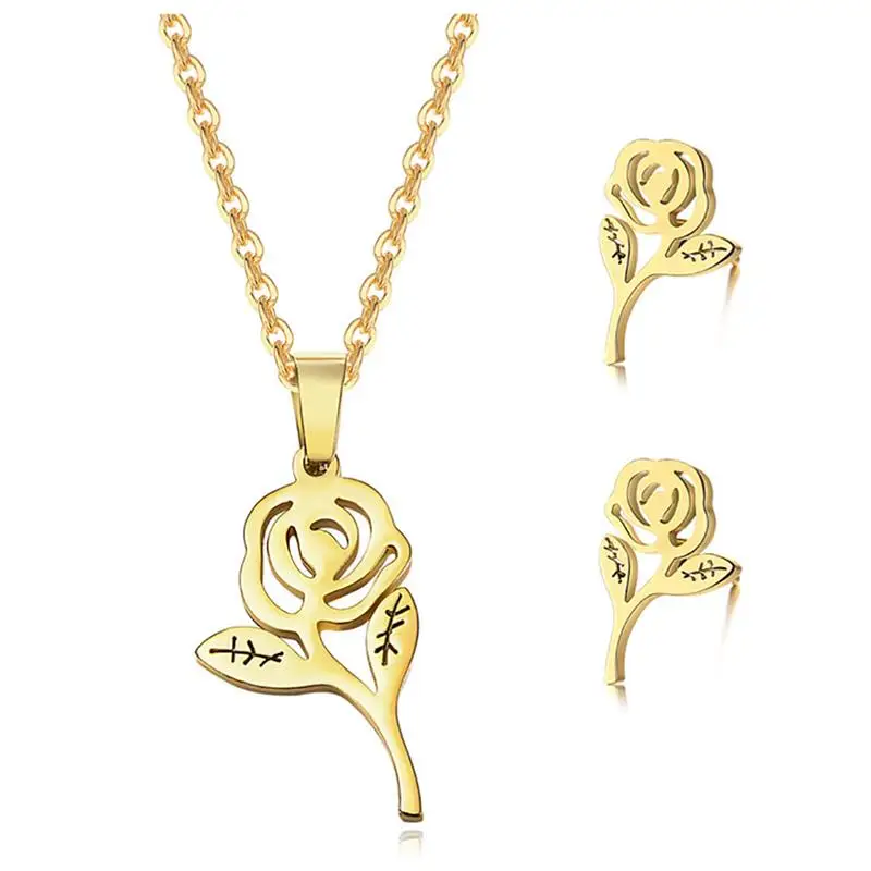 2020 Fashion Flower Gold Color Jewelry Sets For Women Rose Pendant Necklace Stud Earrings Set Wedding Gift | Украшения и