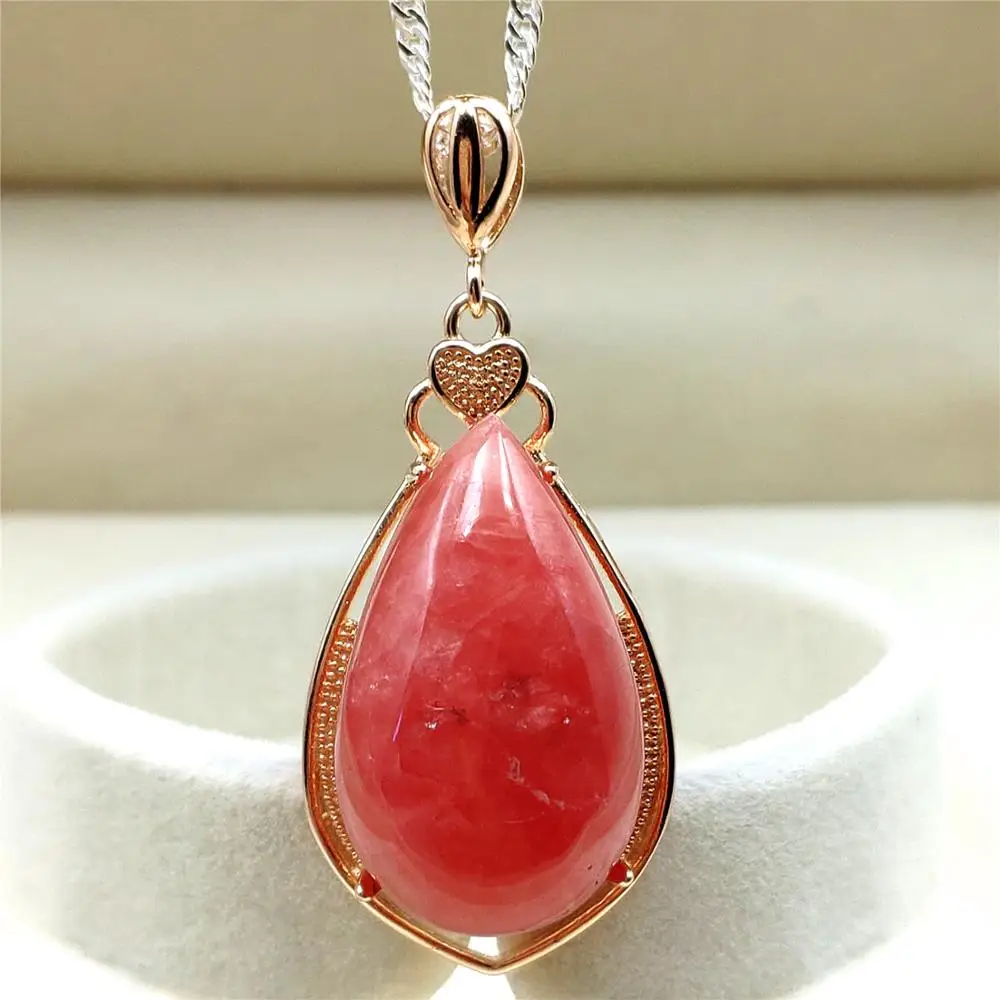 

Top Natural Red Ice Rhodochrosite Pendant 32x19mm Water Drop Stone Women Men Rose Gold Love Reiki Necklace AAAAA