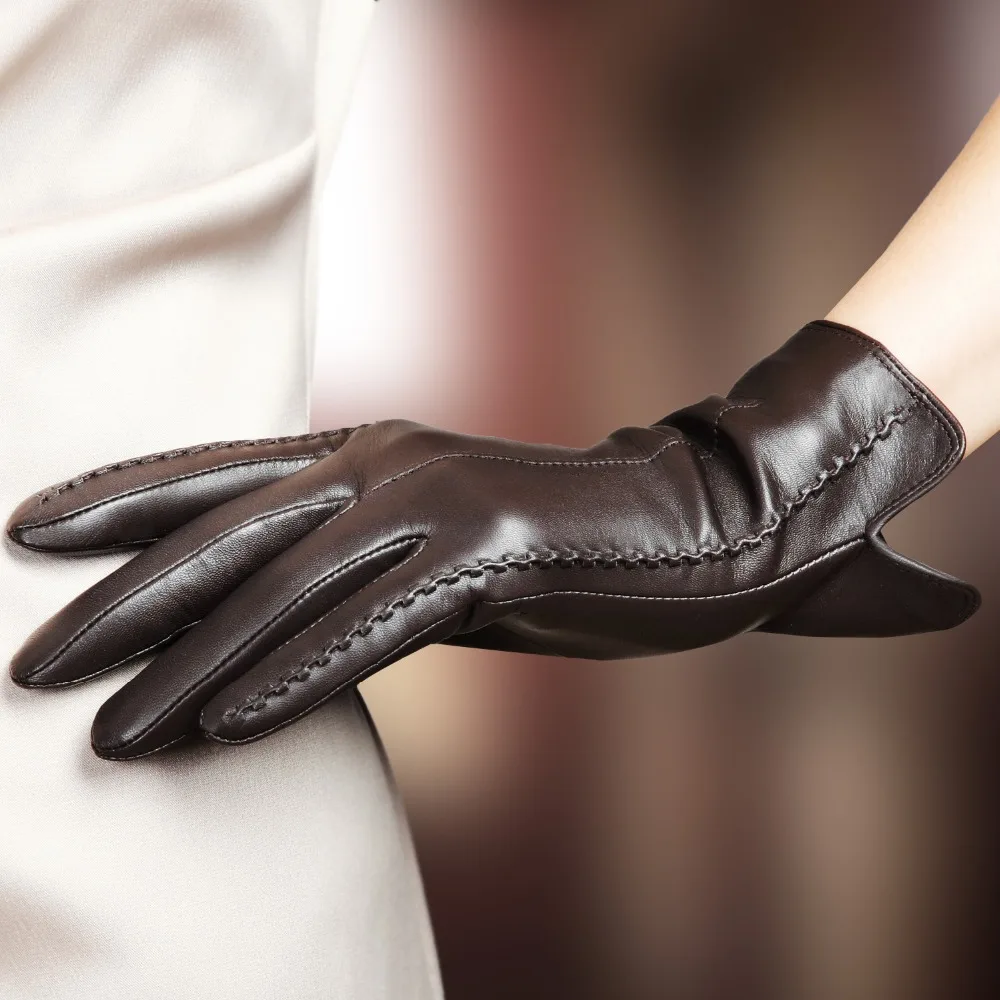 dark brown Высококачественные элегантные женские перчатки из натуральной овечьей кожи осенние и зимние теплые модные женские перчатки L085 - Цвет: dark brown