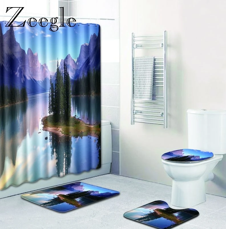 Zeegle Bathroom Curtain and Bath Mat Set Anti Slip Bathroom Shower Mat Absorbent Toilet Pedestal Rug Foot Mat Waterproof Curtain
