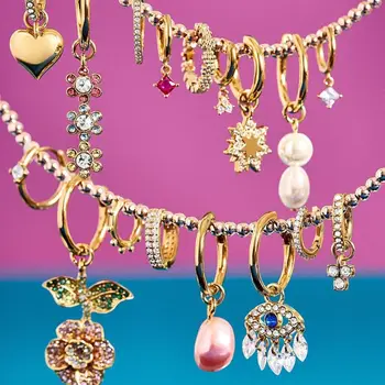 

Hot Sale Freshwater Pearl Hoop Earring female crystal CZ Zircon Gold Huggie circle Earrings Set Geometric statement Jewelry DIY