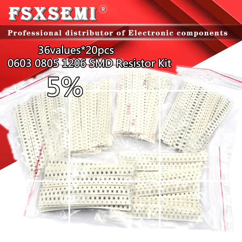 36Values*20pcs=720pcs 0603 0805 1206 SMD Resistor Kit Sample bag 5% 1ohm~10M ohm  SMD resistors Assorted Kit 1R 1K 100K 10k 1M