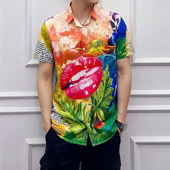 

Korean Men Clothes 2020 Summer Personality Flower Printing Tide Male Loose Short Sleeve Casual Shirt Chemise Hawaienne Homme