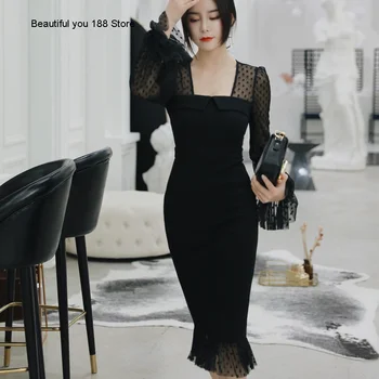 

Autumn new women's 2020 clothing sexy elegant polka dot mesh stitching fishtail dress small black dress