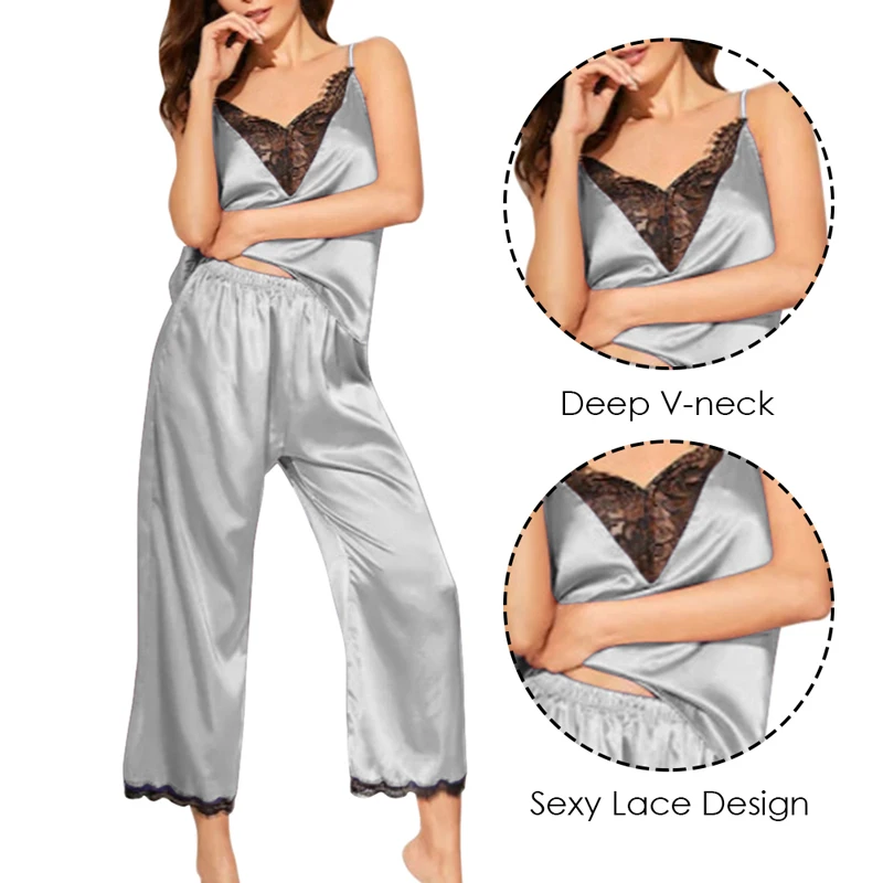 OEAK Women's Sling Pajamas Set Simulation Silk Sexy Lace Large Size Casual Home Pajamas Set New