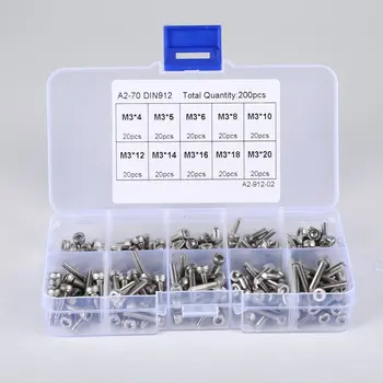 

200pcs/set Stainless Steel Cup Head Insiade Hexagonal Bolts Cylinder Head Screw Knurled Screw Set M3*4/5/6/8/10/12/14/16/18/20mm
