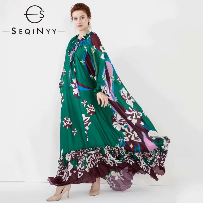 

SEQINYY Green Cloak Dress 2020 Summer Spring New Fashion Design Women Split Long Sleeve Flower Print Loose Maxi Chiffon Dress