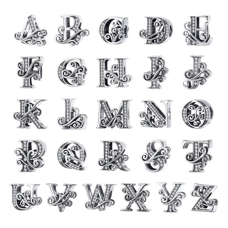 BAMOER 2019 NEW 925 Sterling Silver Vintage A to Z Clear CZ 26 Letter Alphabet Bead Charms Fit Bracelets DIY Jewelry BSC030