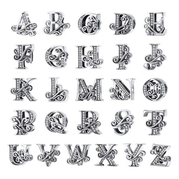 BAMOER 2019 NEW 925 Sterling Silver Vintage A to Z Clear CZ 26 Letter Alphabet Bead Charms Fit Bracelets DIY Jewelry BSC030
