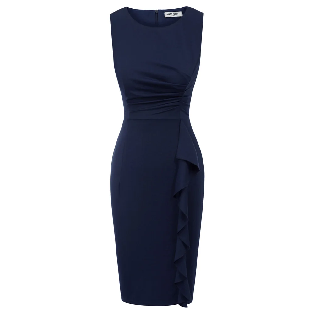 

Vintage Dress Women Ruffle Decorated Pencil Dress Pleated Sleeveless Crew Neck Hips-Wrapped Knee Solid Evening Party Dresses