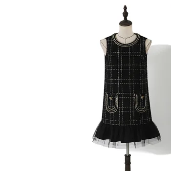 

2020 spring fall Women Plaid Tweed tank Dresses o-neck Sleeveless mesh ruffles hem Elegant Celebrity woolen Dress black y612