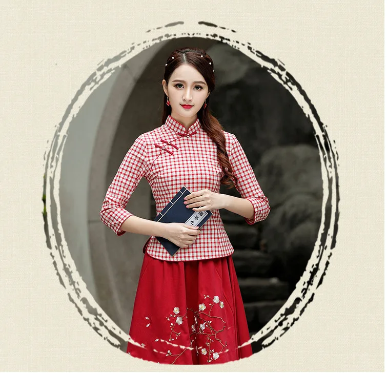 Женская блуза в клетку, рубашка 4XL, Cheongsam, хлопковая блузка, Chinois, винтажные топы, сетка, рукав семь четвертей, блузка в китайском стиле