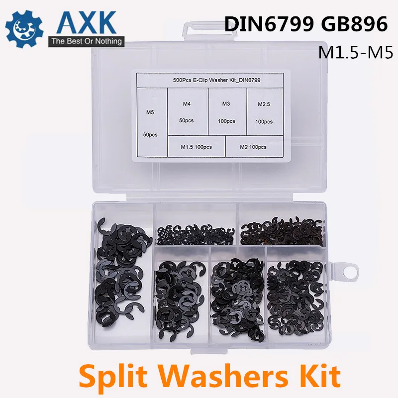 

500Pcs/set M1.5-M5 Mix DIN6799 GB896 Sack Retainer E E-Clip Washer Circlip Retaining Ring Split Washers Kit DT