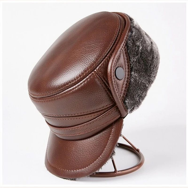 Winter Men's Leather Hat Thicken Leather Sheepskin Baseball Caps With Ears Warm Snapback Dad's Hats Sombrero De Cuero Del Hombre baseball cap leather hat