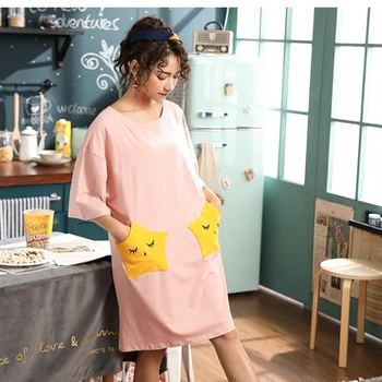 

Lady Sleep Wear Cute Women Cotton Pink Nightgown Sleepwear Pocket Short Sleeve Short Girl Night Gown Female Sleeping sexy Dress