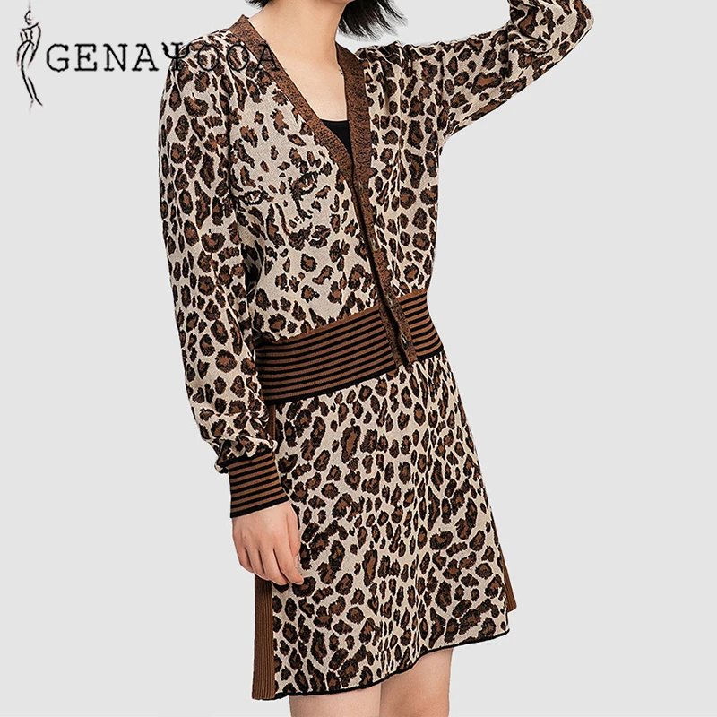 

Genayooa Autumn 2 Piece Set Women Vintage Leopard Two Piece Set Knitted Two Piece Skirt Set Elastic Wasit Skirt And Cardigan