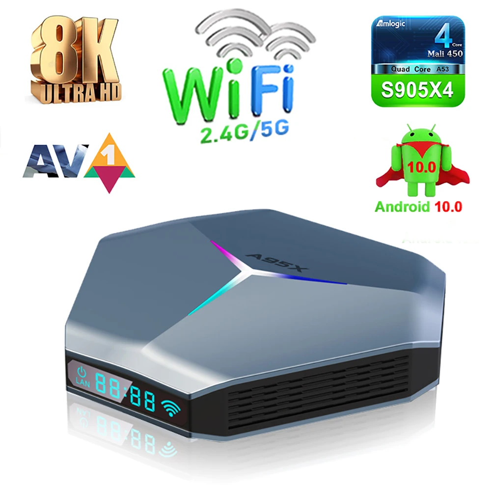 2021 A95X F4 Amlogic S905X4 Android 10 8K RGB Light Smart TV Box 4GB 64GB Plex Media Support Youtube Set Top Box 16GB 32GB 128GB