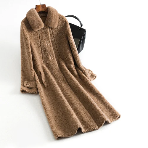 Coffee Brown Длинное женское пальто из натурального меха, шерсть, меховые пальто и куртки, норковый меховой воротник, Корейская зимняя куртка, манто Femme Fourrure KJ3568 - Цвет: Coffee Brown