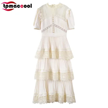 

Tpmaccool luxury designer 2020 Spring Summer New women Elegent Beige Goddess Holiday Lace Stitching Long Pleated party Dress