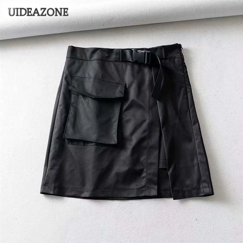 UIDEAZONE Готическая трапециевидная Женская мини-юбка с высокой талией и разрезом в стиле хип-хоп юбка для девочек выше колена с карманами Goth уличная