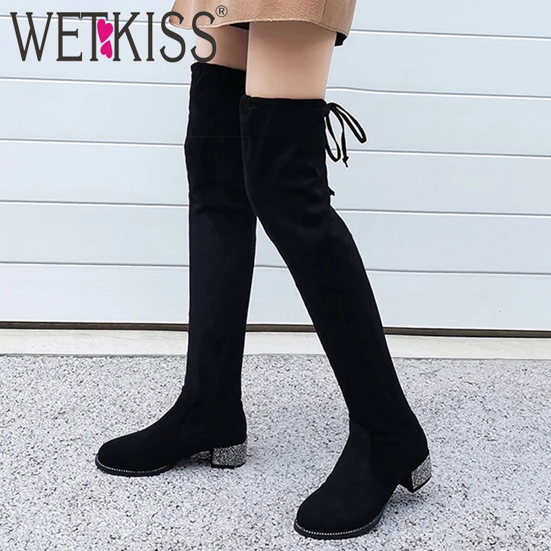 WETKISS/эластичные сапоги из флока; женские Сапоги выше колена; женская обувь с заклепками и заклепками; женская зимняя обувь с круглым носком и перекрестной шнуровкой