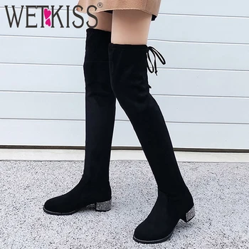 

WETKISS Flock Stretch Boots Women Over The Knee Boot Female Rivet Heels Studded Shoes Ladies Round Toe Cross Tied Shoes Winter