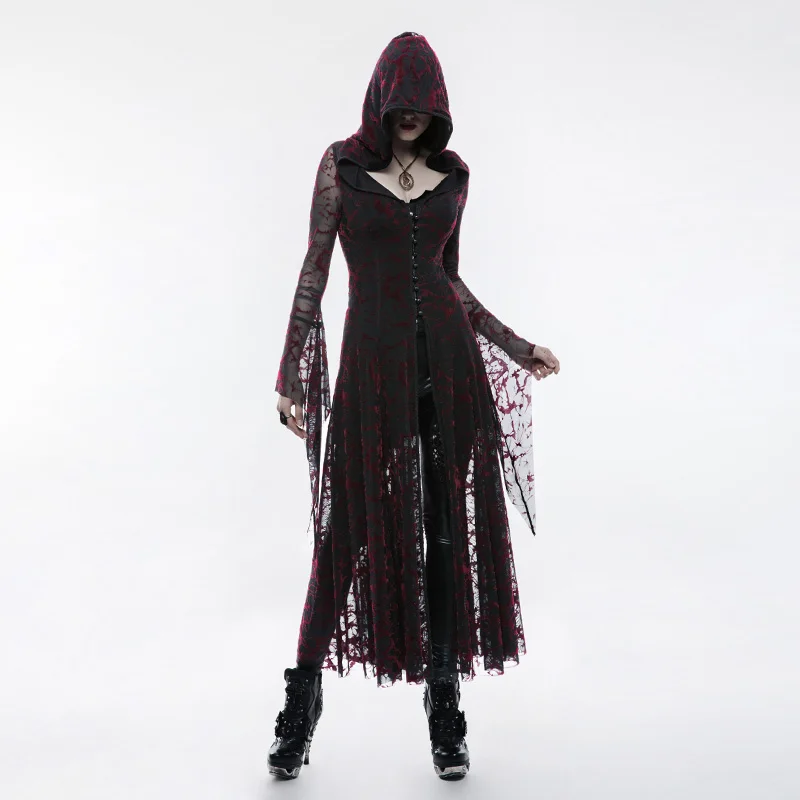 

PUNK RAVE Women's Gothic Flame Long Coat Net Flocking Simple Classical V Neck Hollow Out Stage Performance Jackets