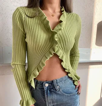 

Ruffles Sweater Cardigan Women Fashion Knitting Sweet Ruffled Crop Tops Lady Full Sleeve Cropped Shirt Cardigan Girls