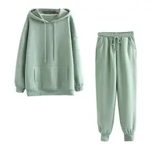

Autumn Winter Women tracksuit Solid Color Hooded Drawstring Women Outfit Pockets Sweatshirt Elastic Waist Pants Set