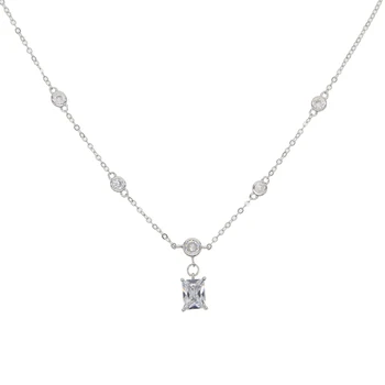 

Tiny link chain with bezel cz station big baguette cz charm station necklace women 925 sterling silver jewelry for wedding