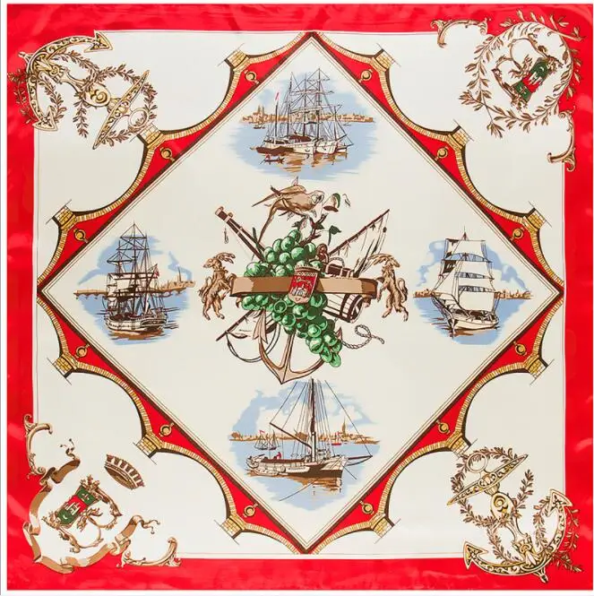 90*90cm Luxury Brand Women Silk Scarfs Sailing Boat Design Square Scarves Spring Summer Shawls For Ladies 5
