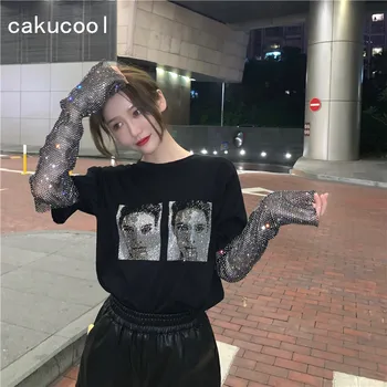 

Cakucool Spring Chic Mesh Long Sleeve tshirt Women Round Neck Head Portrait Diamonds Beading Tee Top Summer Punk T shirt Femme