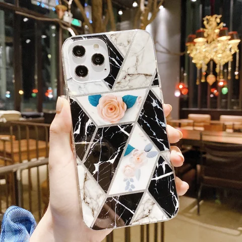 Luxury Rose Geometric Marble Soft Phone Case For Iphone 12 Mini 11 13 Pro XS MAX X XR SE 2020 7 8 Plus Shockproof Cover