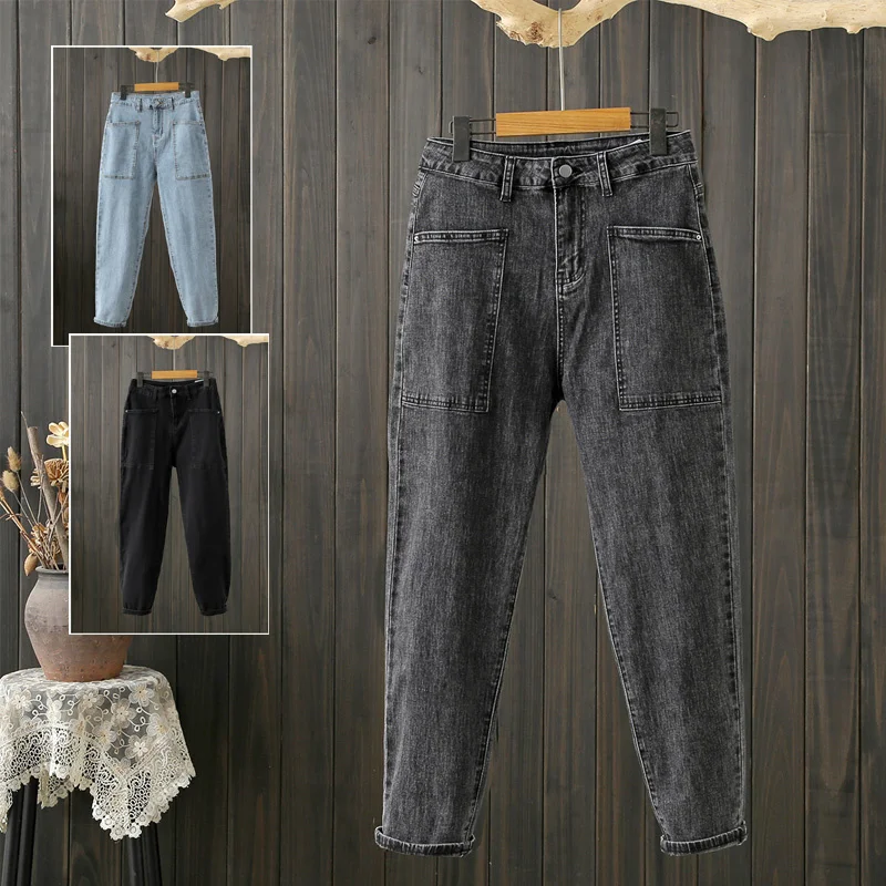 Fall plus Size Dad Jeans Women's High Waist Loose Straight Korean Style Thin Baggy Pants Fashion | Женская одежда