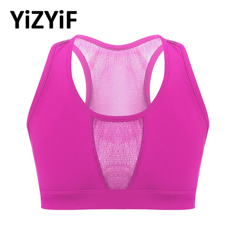 Kids Girls Sports Vest Running Fitness Workout Tanks Tops Solid Color Stretchy Mesh Splice Crop Top Dance Exercise Activewear | Спорт и