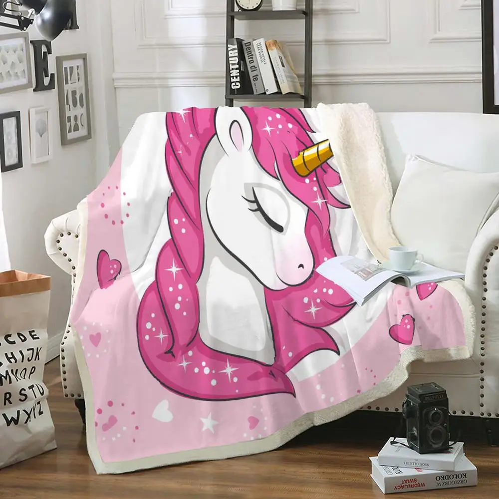Coral Pink Fleece Throws Blanket With Unicorn Design 120cm x 150cm NEW 