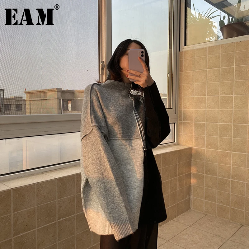 

[EAM] Gray Big Size Knitting Sweater Loose Fit TurtleneckLong Sleeve Women Pullovers New Fashion Autumn Winter 2020 19A-a267