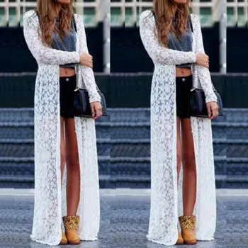 

Women Sheer Lace Bikini Cover up Summer Cardigan Swimwear Beach Long Dress