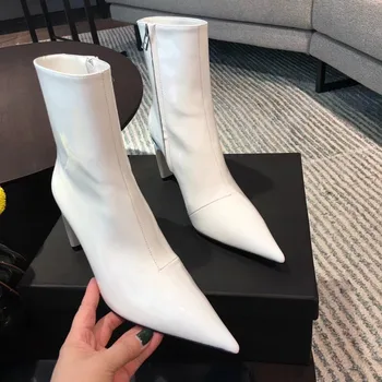 

Women's High Heel Stiletto White Net Red Boots Europe 2019 Autumn And Winter New Boots Patent Leather Pointed Shoes