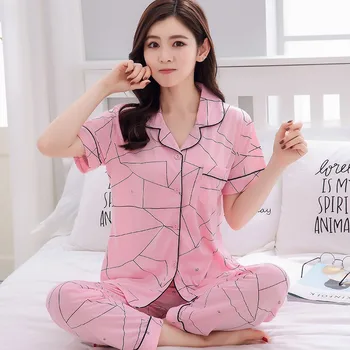 

2020 Summer Short Sleeve Long Pants Pajama Sets for Women Print Sleepwear Suit Pyjama Outwear Homewear Pijama Mujer Home Clothes