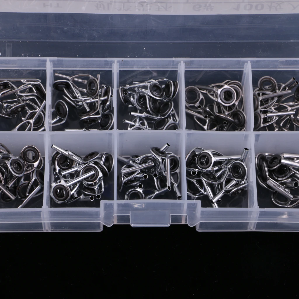 100Pcs/box Stainless Steel Fishing Rod Guides Eye Rings Pole Tip Repair Kit 10 Sizes