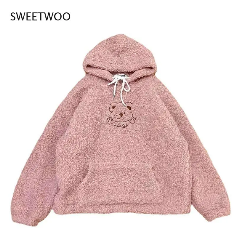 Kawaii Hoodies Women Winter 2021 Fashion Embroidery Funny Print Pullover Long Sleeve Cute Tops Casual Women Sweatshirt