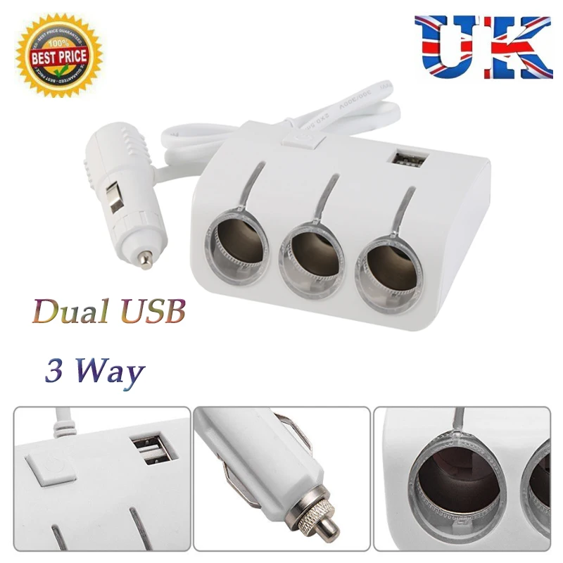 Dual USB Car Charger 3 Way Cigarette Lighter Adapter With Power Control Button 5V Multi Socket Splitter Charger For GPS Phone Dual USB Car Charger 3 Way Cigarette Lighter Adapter With Power Control Button 5V Multi Socket Splitter Charger For GPS Phone