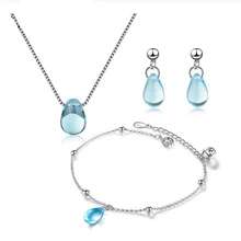 Ювелирные наборы из стерлингового серебра 925 пробы синий в виде капли воды слезы ожерелье+ серьги+ браслет для женщин подарок летние ювелирные изделия