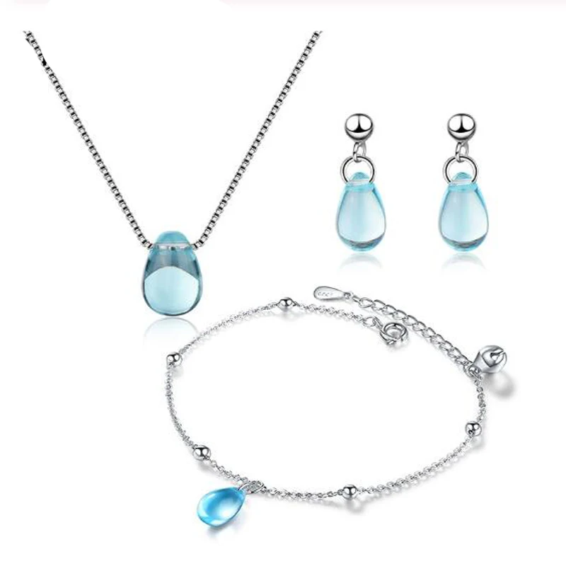 

925 Sterling Silver Jewelry Sets Blue Water Drop Tears Necklace+Earrings+Bracelet For Women Gift Summer Jewelry