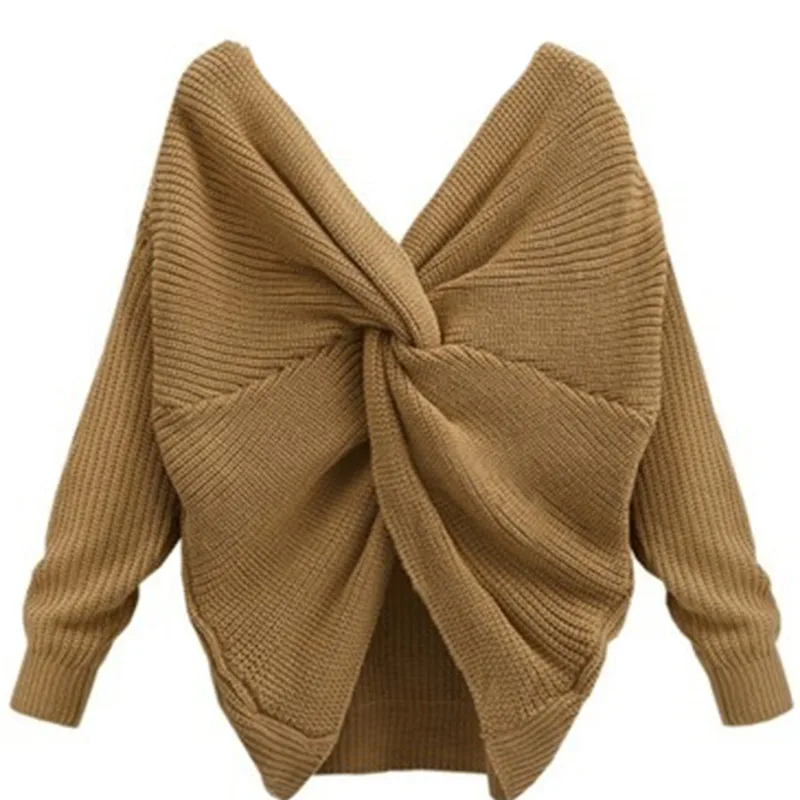 

Autumn Winter Knitted Jumper Tops Casual Solid Basic Pullover Fashion Sweater Sexy Backless Crossover Women Sweaters