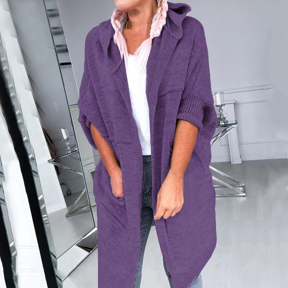 Вязаный свитер с капюшоном, женский длинный кардиган, свитера, зимняя свободная однотонная Длинная Верхняя одежда для девочек, вязаный Топ, Повседневная вязаная одежда