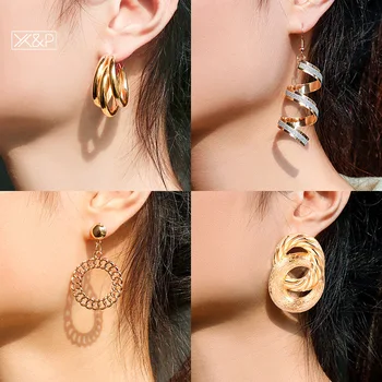 

X&P 2019 New Fashion Vintage Women's Earrings Gold Silver Color Big Geometry Metal Drop Earrings for Women Statement Jewelry