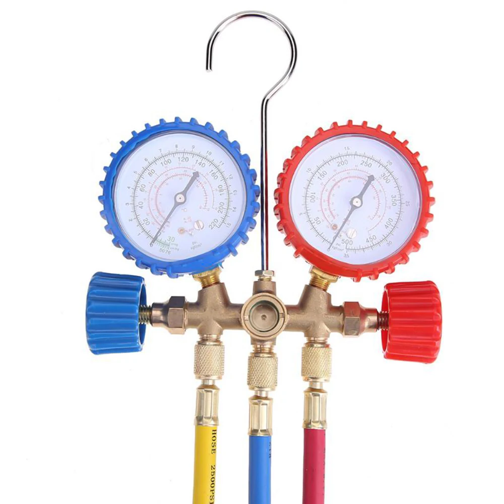 

Hot R134A R12 R22 R502 3 Colors Hose Current Divider Meter Tools Set Refrigerants Air Conditioning AC Diagnostic Manifold Gauges