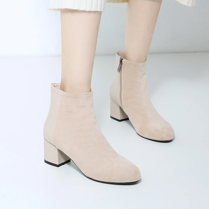 

Casual comfortable round toe flock ankle boots elastic boots zipper beige black high heel chunky riding boots women's shoes